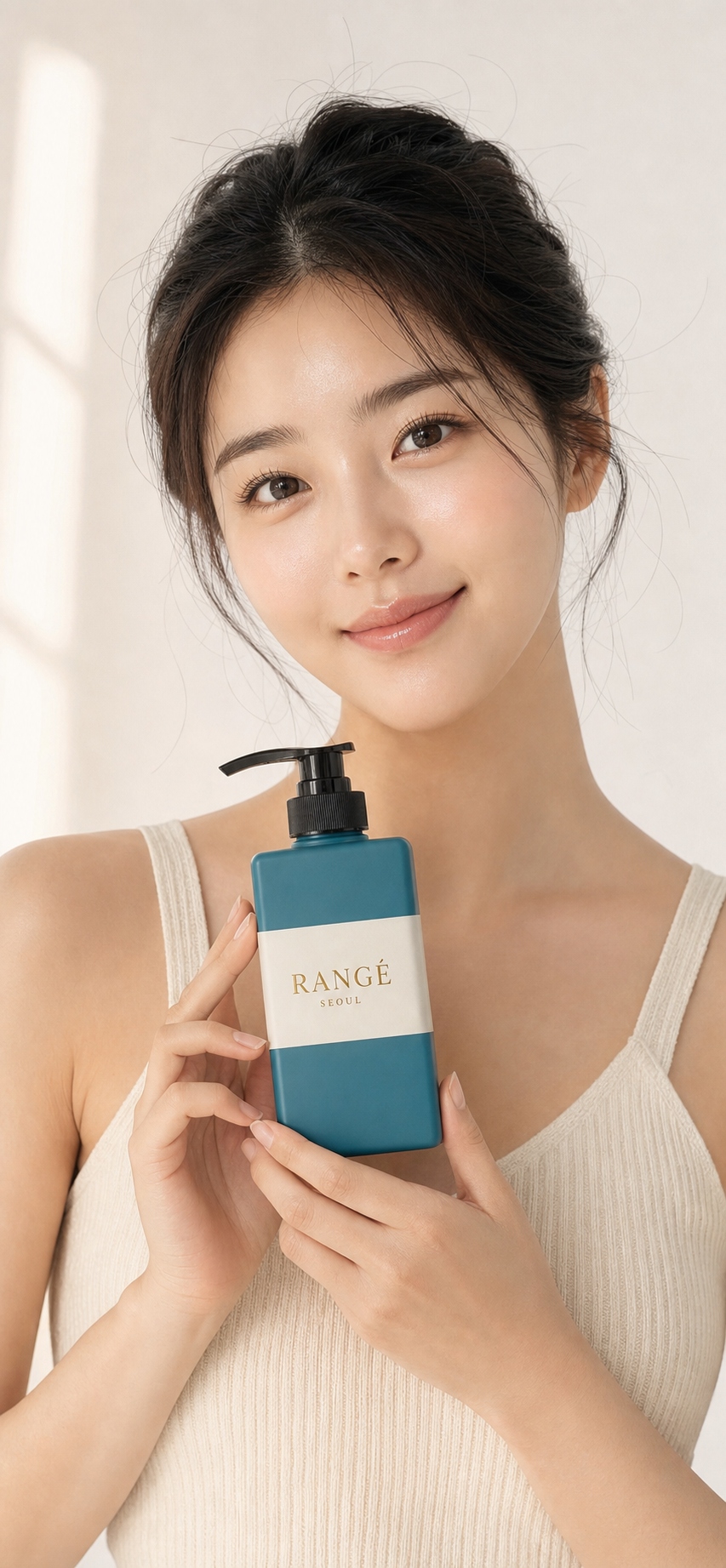 베이지 배경에서 RANGÉ SEOUL 샴푸를 든 모델 클로즈업 컷