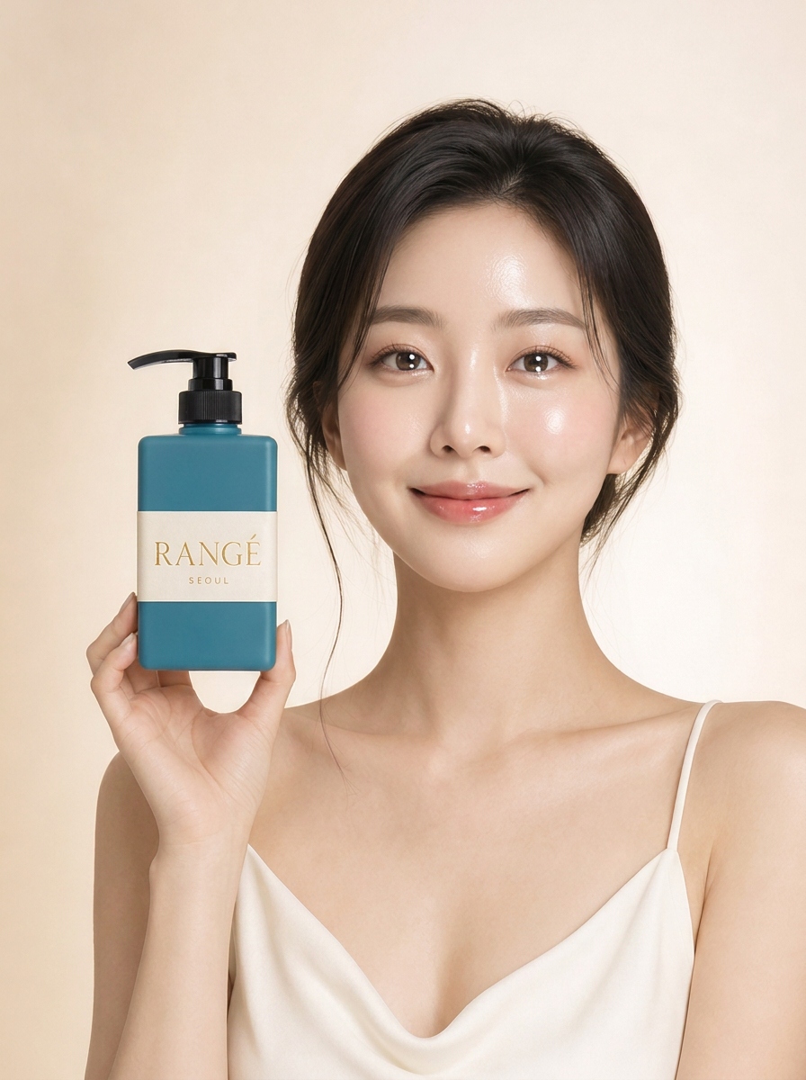 자연광이 드는 야외에서 RANGÉ SEOUL 샴푸를 들고 미소짓는 여성