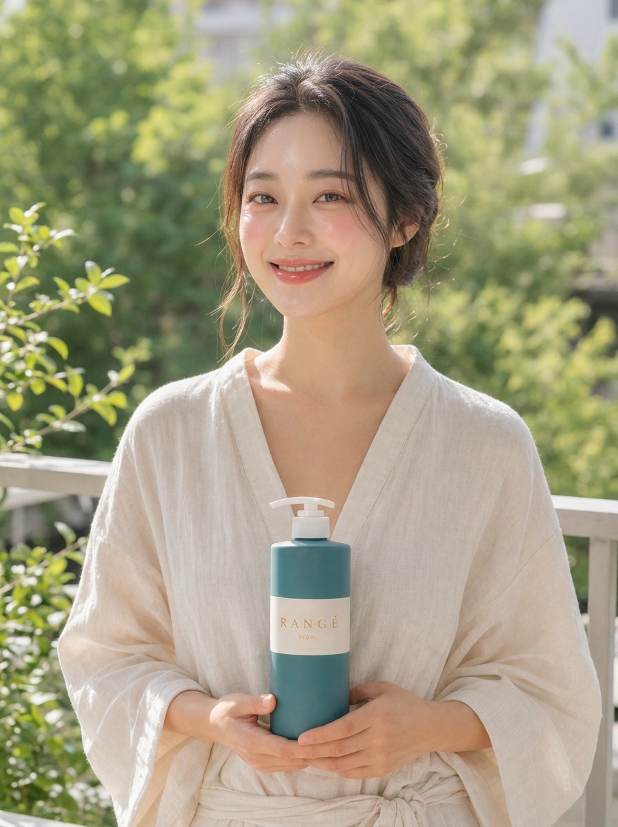 자연광 아래 RANGÉ SEOUL 샴푸를 든 여성